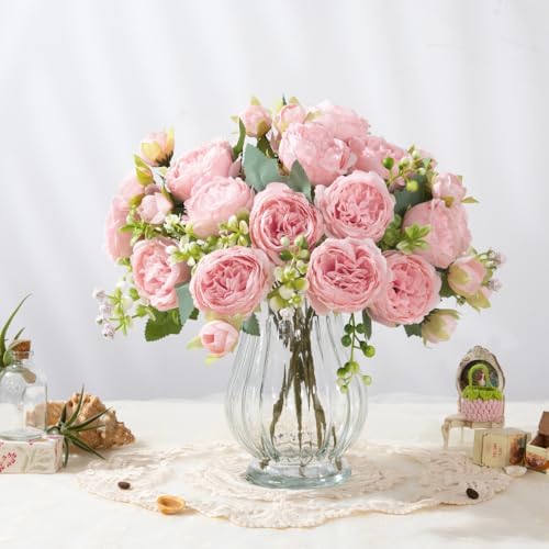 artificial peonies silk flowers in glass vase faux, front angle view