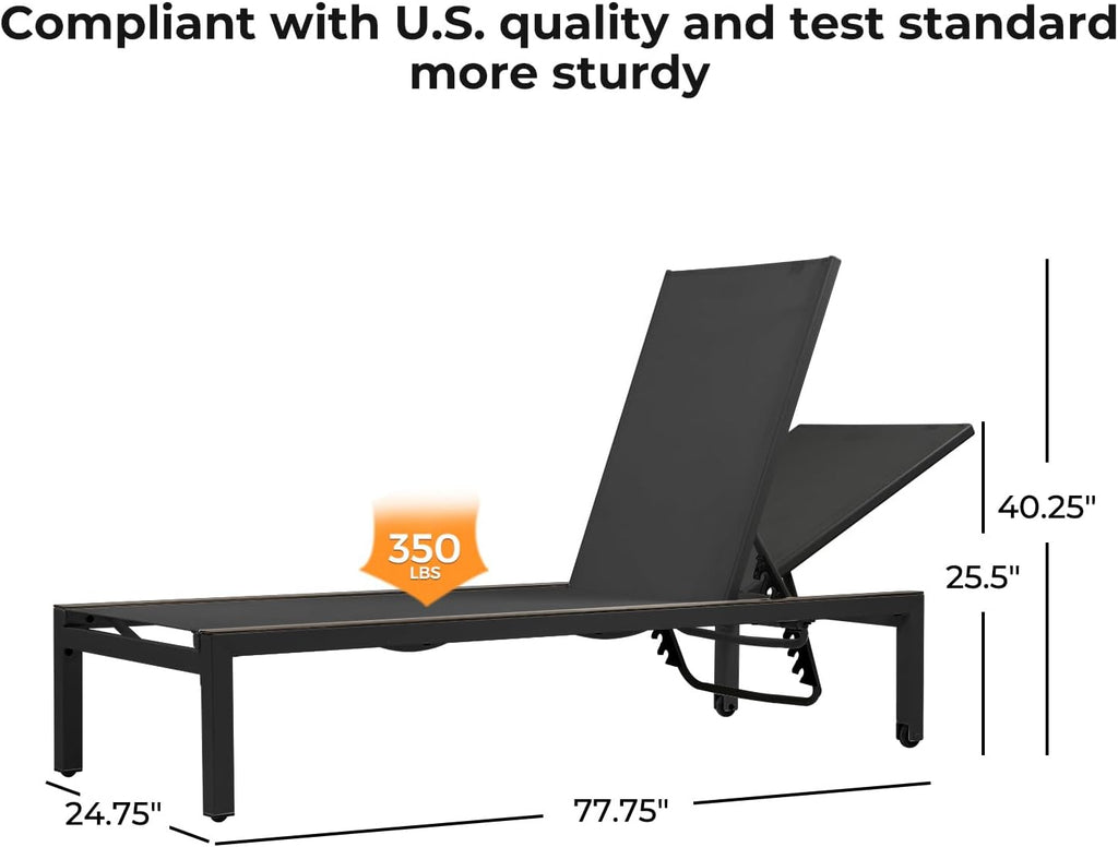 Grand patio 2PCS Mesh Sling Chaise Lounge w/Wheels, 77.75", 350lbs, Black | 77.75" extra-long mesh sling chair, 350lb cap, 4 recline positions, wheels, woodgrain texture, quick-dry, for patio/beach