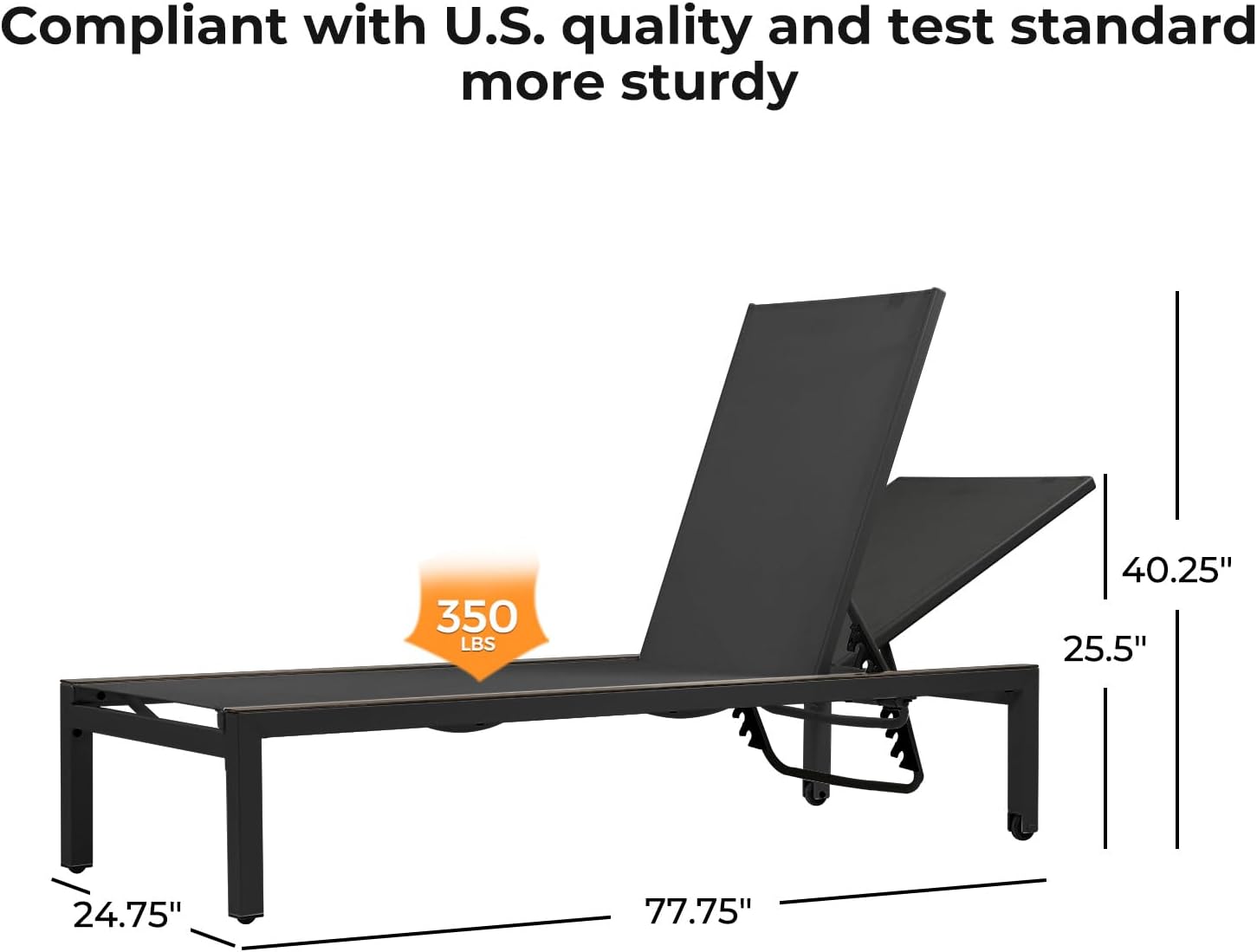 Grand patio 2PCS Mesh Sling Chaise Lounge w/Wheels, 77.75", 350lbs, Black | 77.75" extra-long mesh sling chair, 350lb cap, 4 recline positions, wheels, woodgrain texture, quick-dry, for patio/beach