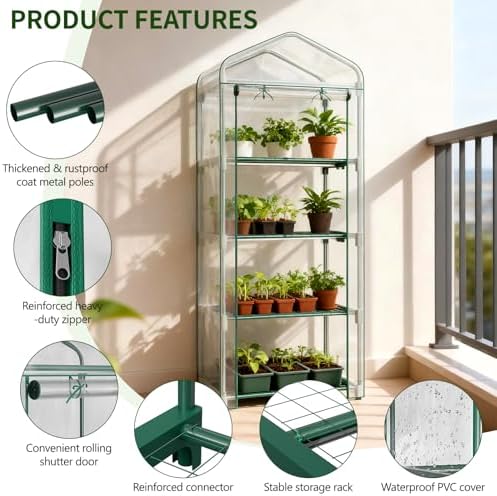 sunyrisy 4 tier indoor/outdoor greenhouse with grow lights showing dimensions