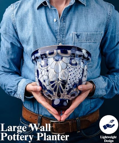 talavera wall planter - handmade mexican hanging pot, side view