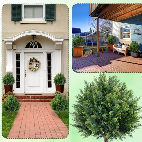 27.6'' artificial cedar topiary trees with spikes, set shown in use
