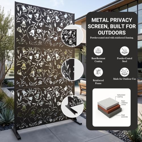 72" outdoor privacy screen, decorative metal privacy fence, close-up detail