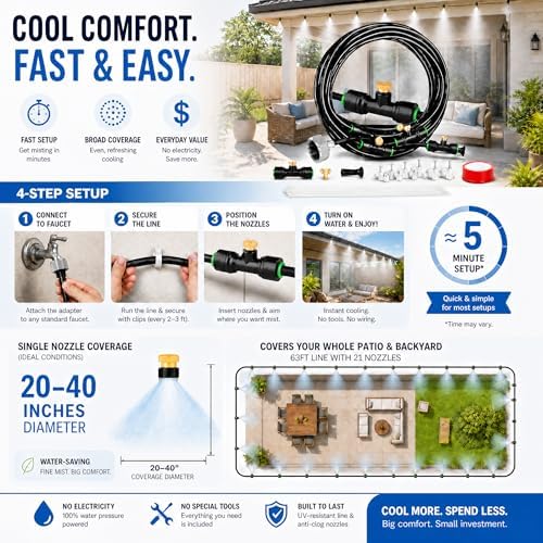 misters for outside patio 63ft(19.2m)+21 brass mist nozzles+a shown in use
