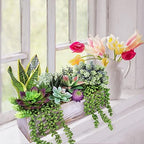 assorted artificial succulents fake plants in rectangular wooden, front angle view
