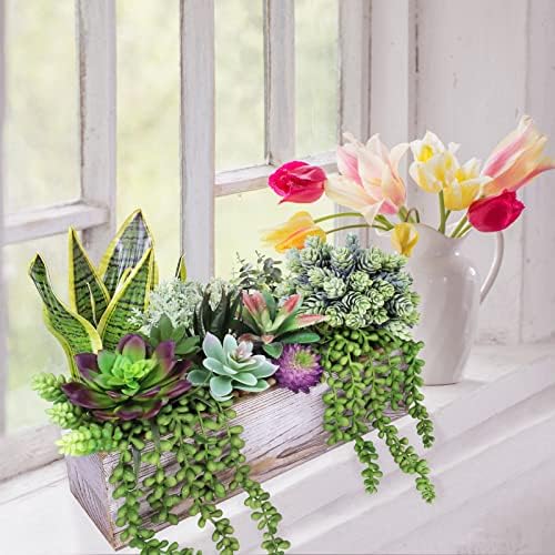 assorted artificial succulents fake plants in rectangular wooden, front angle view