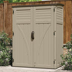 suncast outdoor storage shed, water resistant resin vertical shown in use