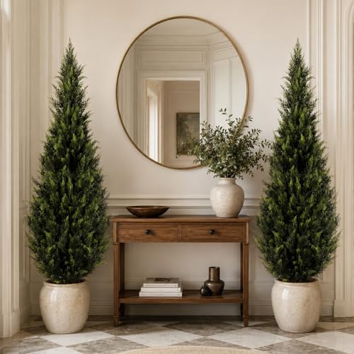 artificial cedar topiary trees, 5 ft uv resistant shown in use
