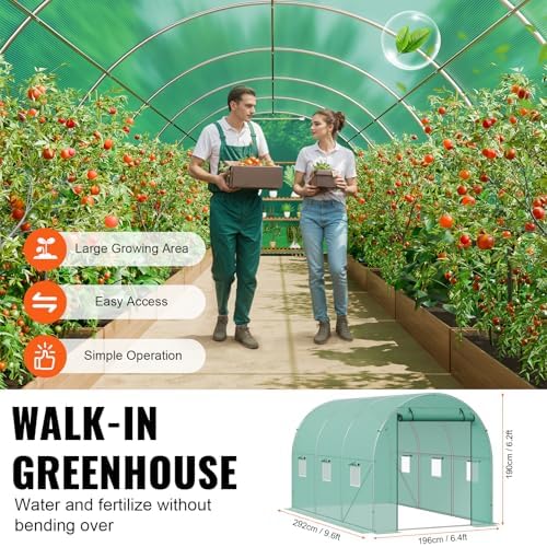 vevor walk-in tunnel greenhouse, 9.6x6.4x6.2 ft hoop house showing dimensions
