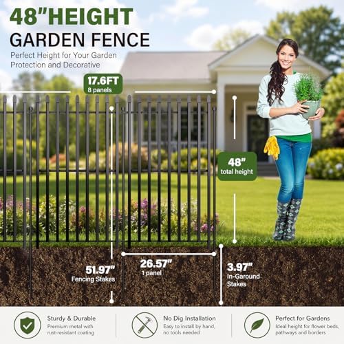 no dig decorative garden fence, 48in(h)×17.6ft(l), 8 panels shown in use