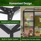 lean-to polycarbonate greenhouse 6x2 ft, black, outdoor garden, close-up detail