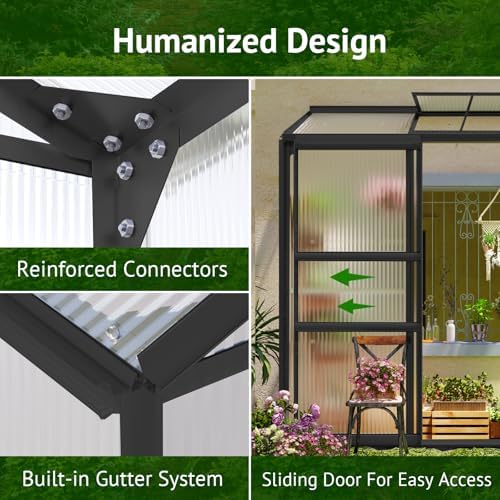 lean-to polycarbonate greenhouse 6x2 ft, black, outdoor garden, close-up detail