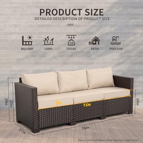 waroom patio couch pe rattan 3-seat outdoor sofa, close-up detail