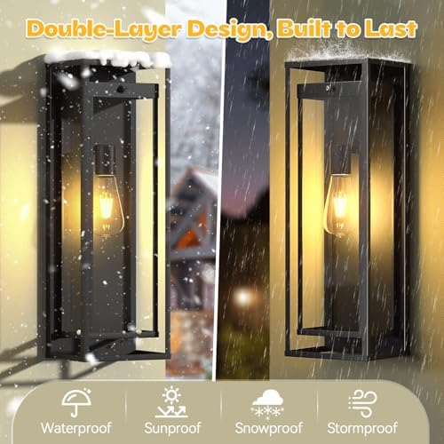 20in Large Outdoor Wall Light Dusk to Dawn Sconce Exterior Lighting Fixture | Waterproof, Black Modern Metal, Anti-Rust, E26 Socket, Outside Porch Lights, Lantern for Entryway Patio, House Garage, 2 Pack