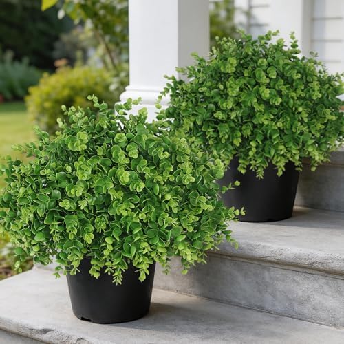 2set lifelike touch fake eucalyptus topiary ball trees, close-up detail