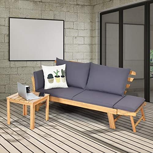 tangkula convertible acacia wood patio sofa bed with showing dimensions