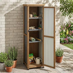 tall outdoor storage cabinet, weatherproof wooden garden potting shown in use