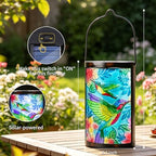 Hummingbird Solar Lantern, Hanging Glass Outdoor Garden Light | Raised hummingbird artwork, colorful fused glass, warm dusk glow, solar auto on/off, hang or stand on patio, porch and garden