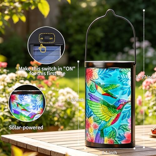 Hummingbird Solar Lantern, Hanging Glass Outdoor Garden Light | Raised hummingbird artwork, colorful fused glass, warm dusk glow, solar auto on/off, hang or stand on patio, porch and garden