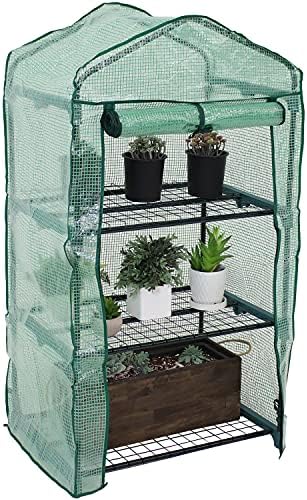sunnydaze outdoor portable 3-tier mini greenhouse with roll-up on a desk or shelf