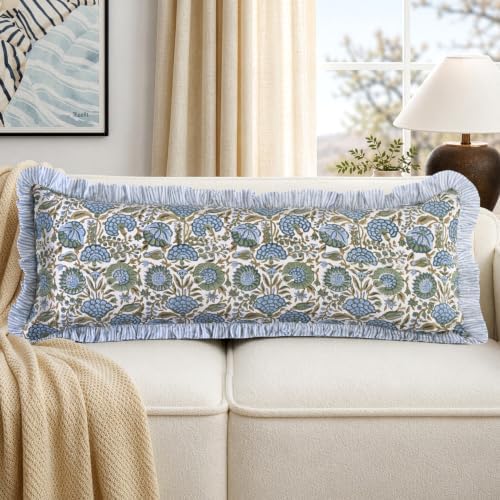 ridhi asparagus green block print ruffle pillow sham shown in use