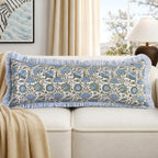 ridhi asparagus green block print ruffle pillow sham shown in use