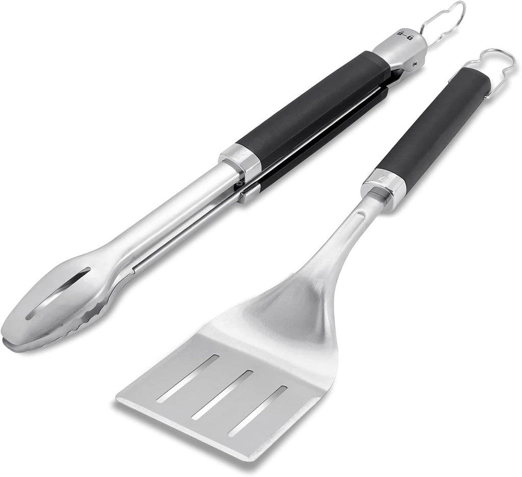 Weber® Precision Tongs & Spatula Grilling Tool Set, Stainless Steel | BBQ Tools with Hands‑Free Locking Tongs, 3‑Sided Beveled Spatula, Non‑Slip Soft‑Touch Handles - Grill Accessory Kit