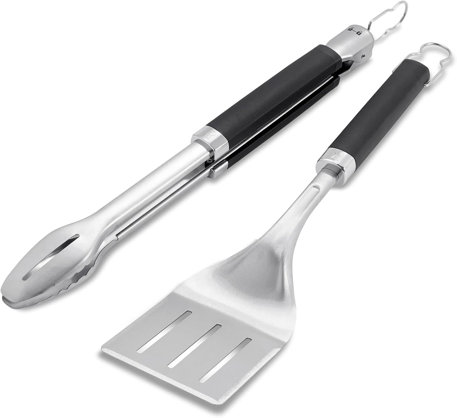 Weber® Precision Tongs & Spatula Grilling Tool Set, Stainless Steel | BBQ Tools with Hands‑Free Locking Tongs, 3‑Sided Beveled Spatula, Non‑Slip Soft‑Touch Handles - Grill Accessory Kit