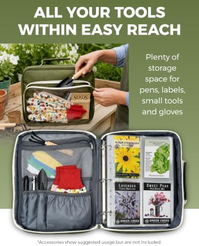 seed storage organizer bag, seed envelopes binder, homesteading shown in use