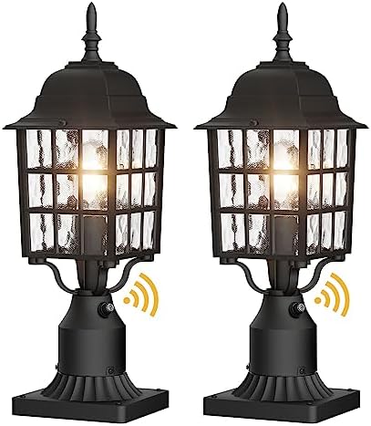 2-Pack Dusk to Dawn Outdoor Post Light, Black | Lamp Post Light Fixture, Water Ripple Glass, Pier Mount Base, Exterior Pole Lantern Light for Yard Patio Pathway