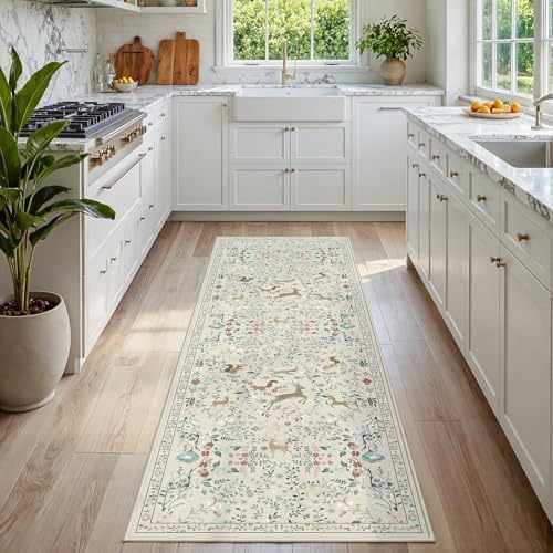 Runner Rug Washable Runners Kitchen Rugs Non Slip Neutral Floral Carpet | 2'6''x8', Beige, Animal, Hallways, Entryway, Living Room, Bedroom, Laundry, Stain Resistant, Indoor