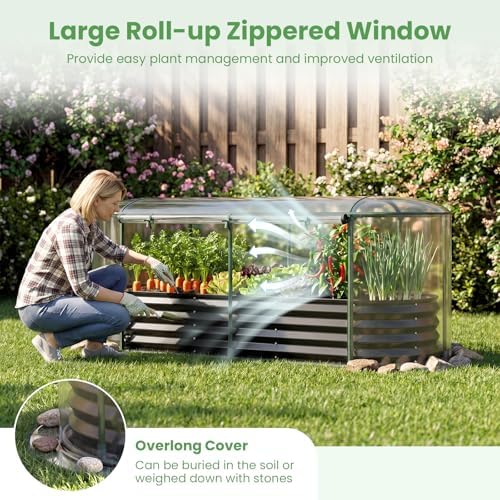 giantex raised garden bed w/greenhouse cover, outdoor oval, front angle view