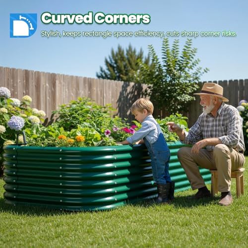 quictent galvanized oval raised garden bed kit, 8x4x2 shown in use