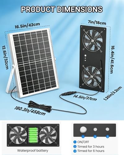 16" solar powered fan with battery & timer,chicken shown in use