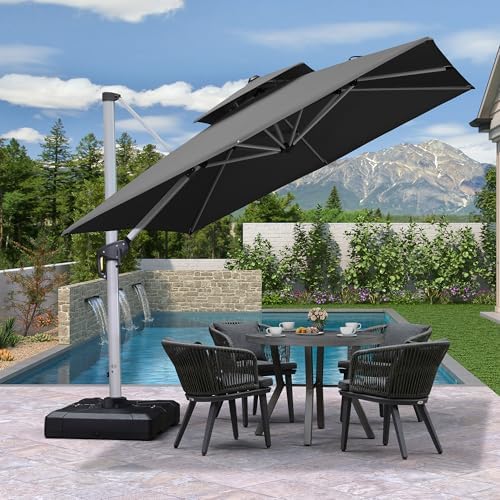 purple leaf cantilever outdoor umbrella 9' x 9' shown in use