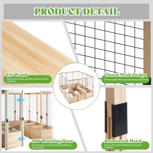 papajet 9 grids raised garden bed, u-shape wooden showing dimensions