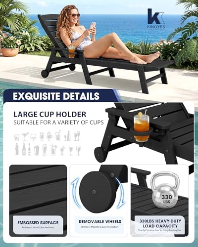 HDPE Lounge Chair Outdoor Set of 2, All Weather Pool Lounger | 5 Position Adjustable Backrest Patio Chaise Lounge with Cup Holder for Outside, Black