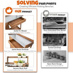 outdoor potting bench with metal top, sliding drawer showing dimensions