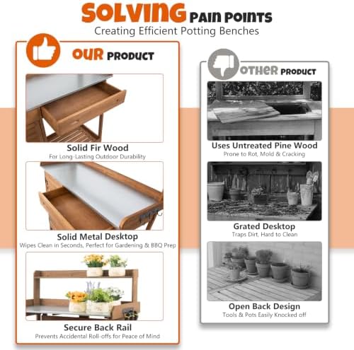 outdoor potting bench with metal top, sliding drawer showing dimensions