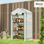 outsunny 3 tier mini greenhouse w/ screen roof shown in use