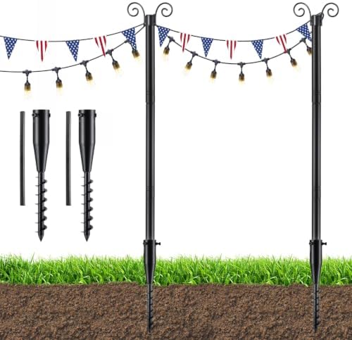 String Light Poles for Outside, 11 Feet Lights Poles with Mount Anchor, 2 PCS Outdoor Lighting Poles Hanging Backyard Garden Party Wedding Decorations, Heavy Duty Metal Stand Posts for Bistro, No Rust