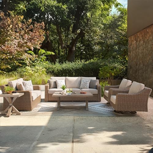 Signature Design by Ashley Outdoor Swivel Lounge Chair with Cushion, Beige | All-weather resin wicker, Powder-coated aluminum frame, Nuvella fabric, Boxed edge cushion, Carmel Bay
