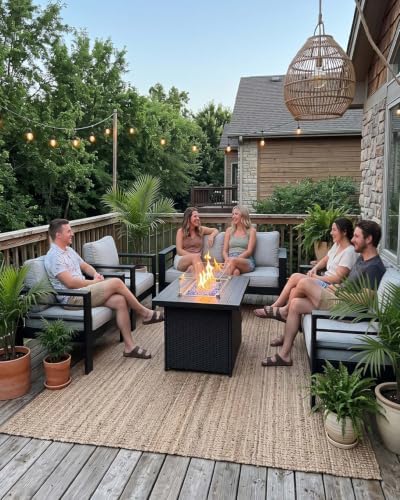 layinsun outdoor aluminum furniture set with fire pit shown in use