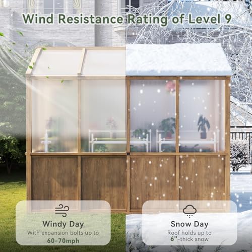 aoxun 6x8 ft wooden greenhouse for outdoors, 6mm showing dimensions