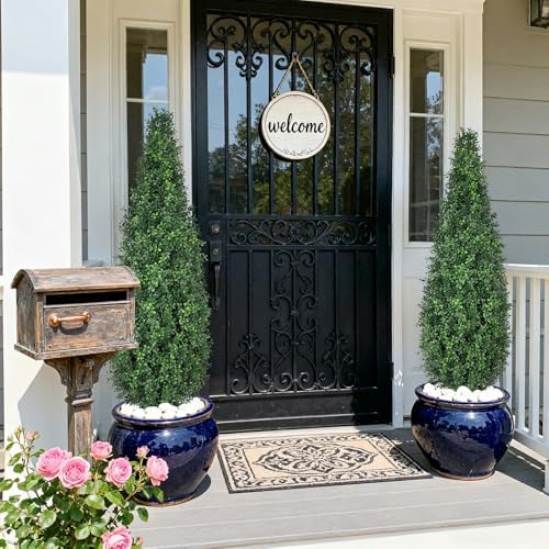 artificial boxwood topiary trees with black pots, 48", front angle view
