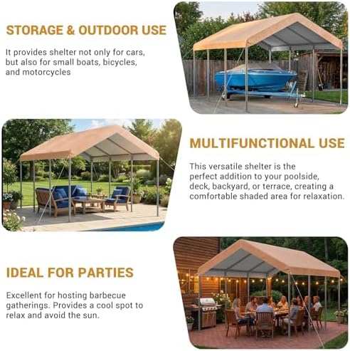 aoxun 10x20 ft heavy duty carport, adjustable height showing dimensions
