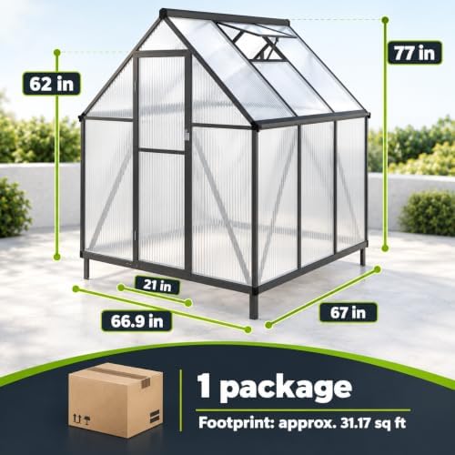 6x6ft aluminum polycarbonate greenhouse kit, elegant black shown in use