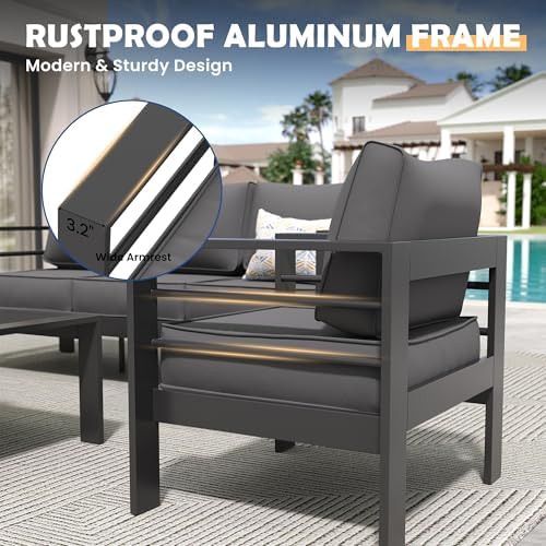 amopatio aluminum patio furniture set with 5'' thick shown in use
