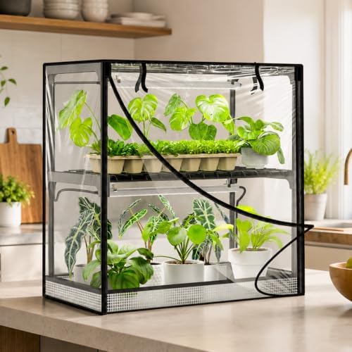 2-tier desktop indoor greenhouse with grow light, 11.8x23.6x23.6, main product view