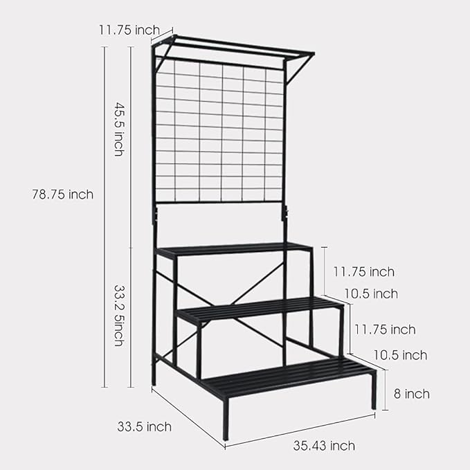 Zhongma 3 Tier Large Heavy Duty Plant Stand with wheels, Tall multi layer Plant Holder with Hanging Plant pot shelf, 35.43 x 33.27 x 80.7inch, Each Tier: 35.43 L x 10.5W, Easy to Hold Large Plant Pot